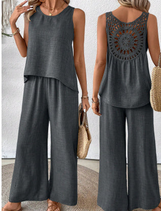 Women's Sleeveless Solid Color Back Hollow Lace Suit