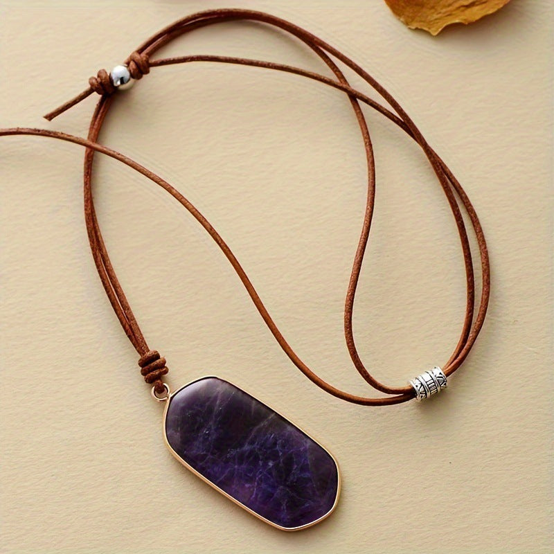 Natural Stone Edging Pendant Cowhide String Necklace
