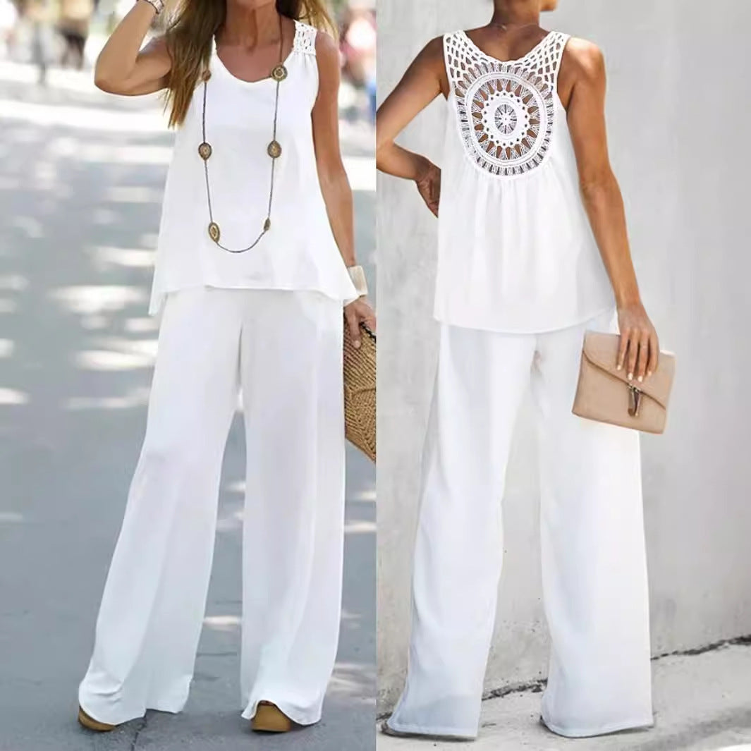 Women's Sleeveless Solid Color Back Hollow Lace Suit