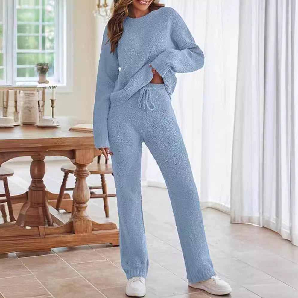 Solid Color Women's Round Neck Long Sleeve Trousers Warm Suit