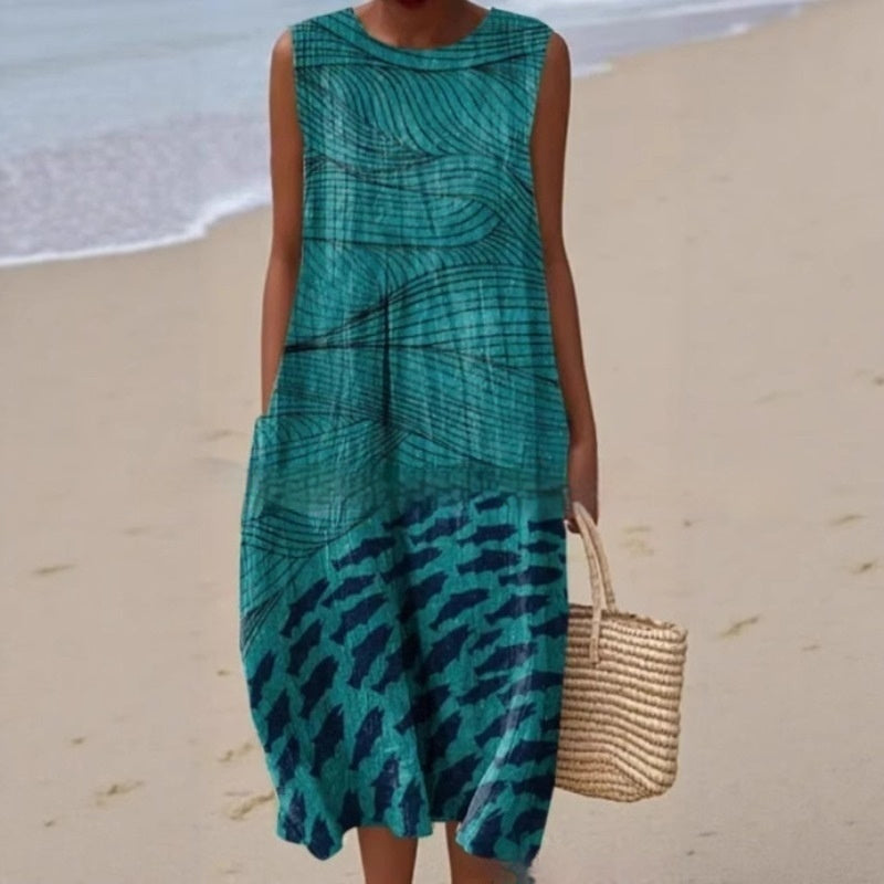 3D Digital Printing Pattern Sleeveless Round-neck Long-sleeved Dress
