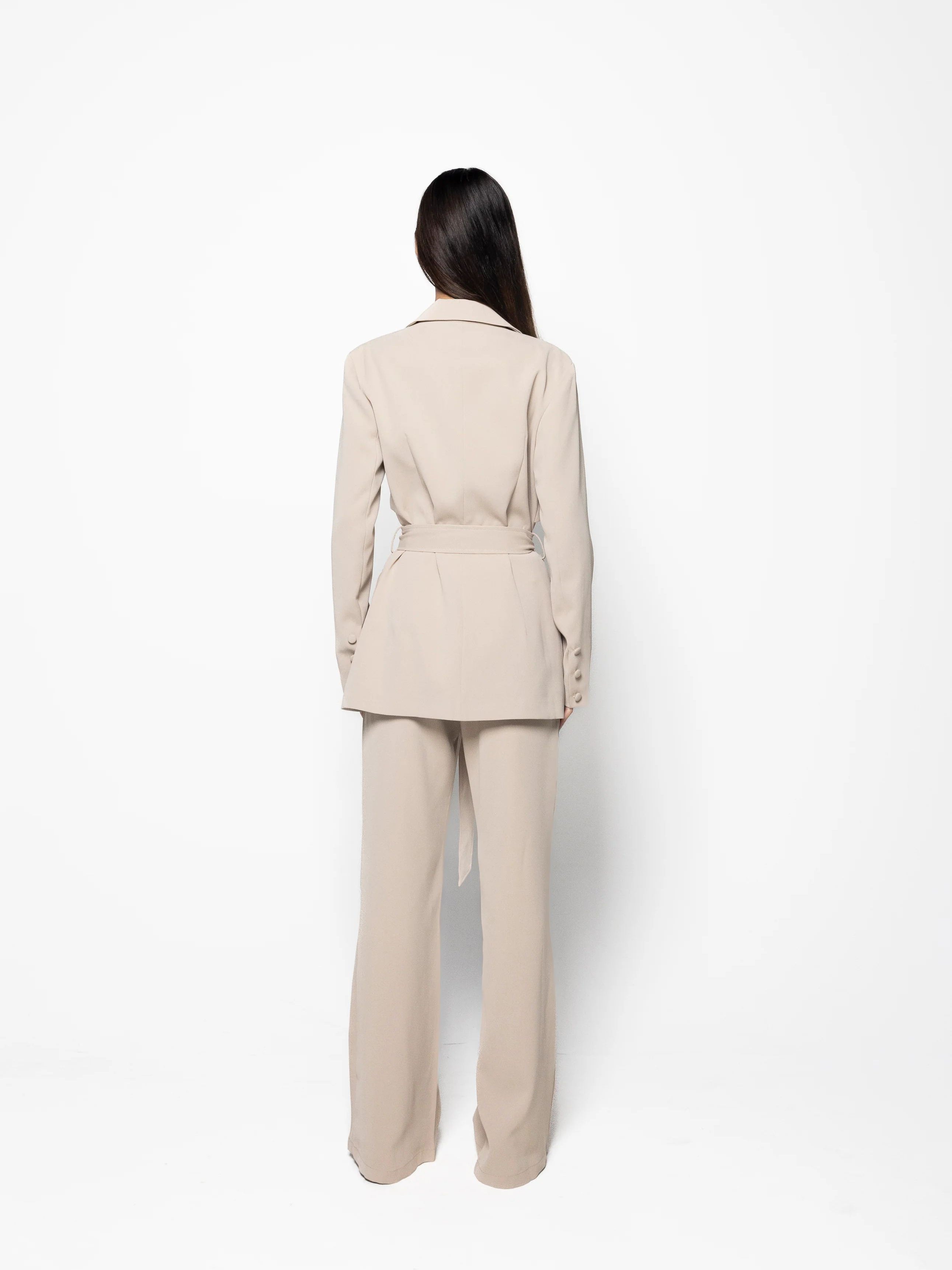 Elegant Solid Color Belted Blazer & High Waist Pants Set