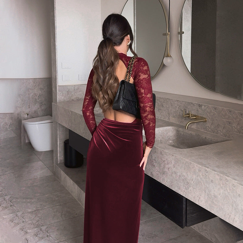 Sexy Slim-fitting Patchwork Lace Velvet Dress