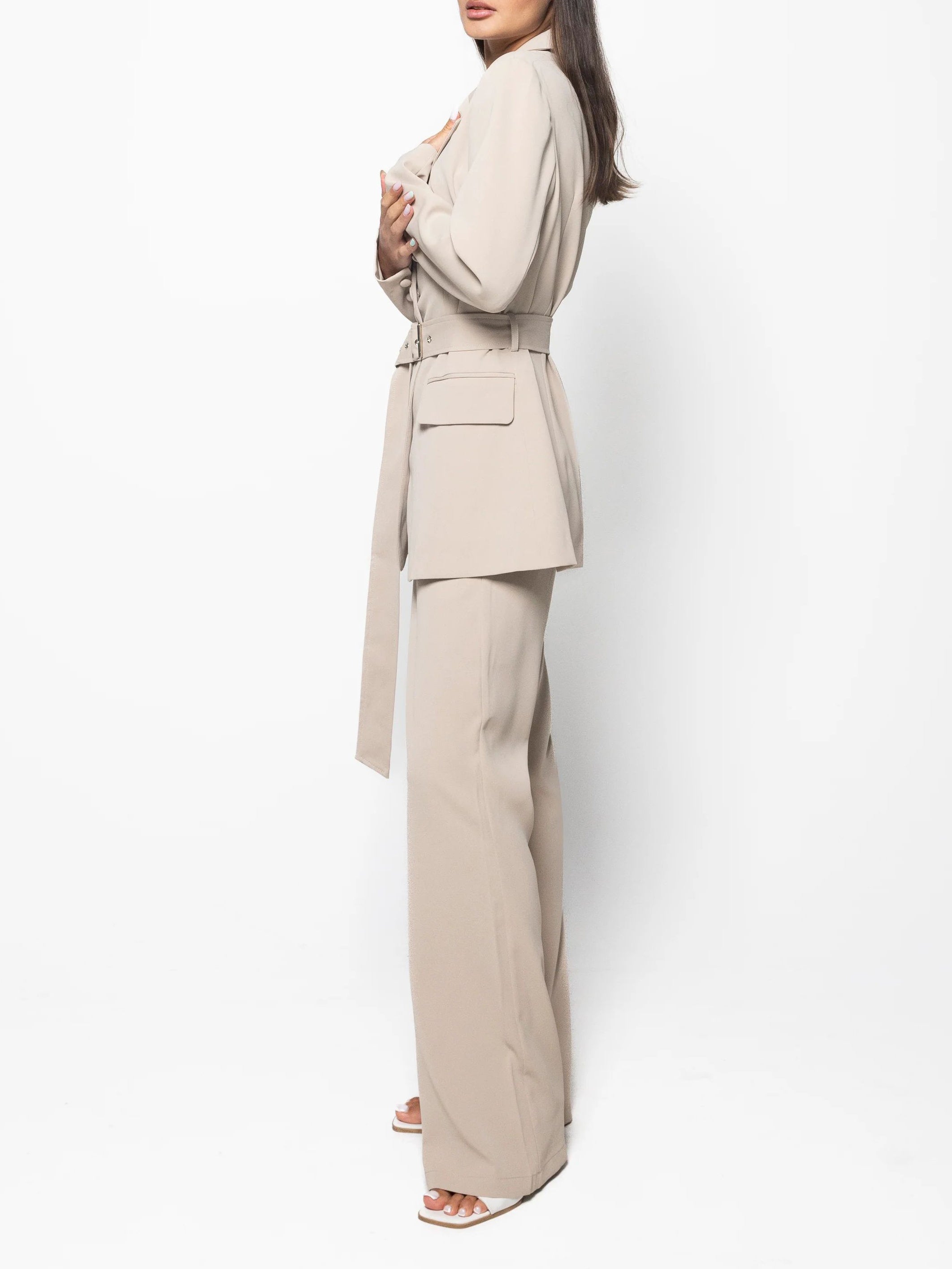 Elegant Solid Color Belted Blazer & High Waist Pants Set