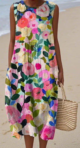 3D Digital Printing Pattern Sleeveless Round-neck Long-sleeved Dress