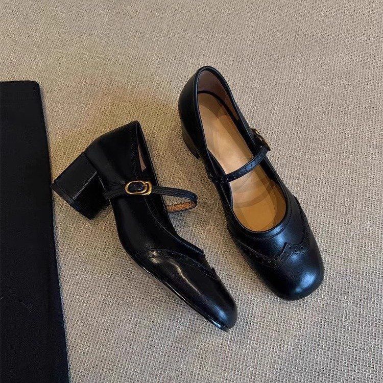 Carved High Heels Female Square Toe Genuine Leather All-match
