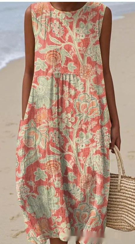 3D Digital Printing Pattern Sleeveless Round-neck Long-sleeved Dress