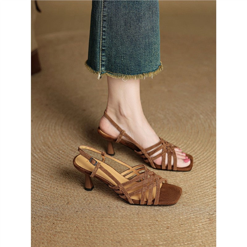 Retro Soft Leather Thin Cross Straps High Heel Sandals