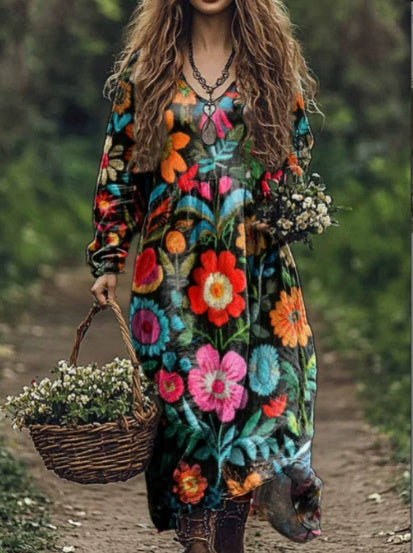 Ethnic Pattern V-neck Pocket Dress