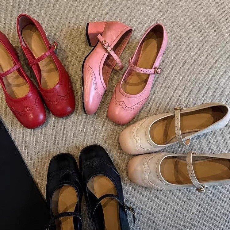 Carved High Heels Female Square Toe Genuine Leather All-match