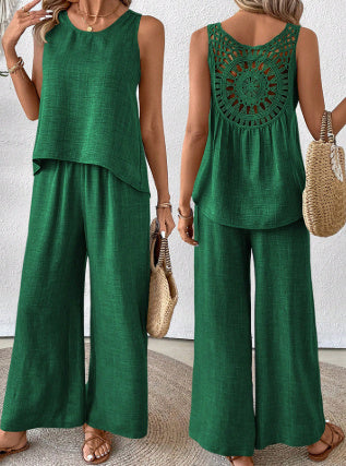 Women's Sleeveless Solid Color Back Hollow Lace Suit