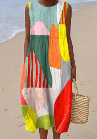 3D Digital Printing Pattern Sleeveless Round-neck Long-sleeved Dress