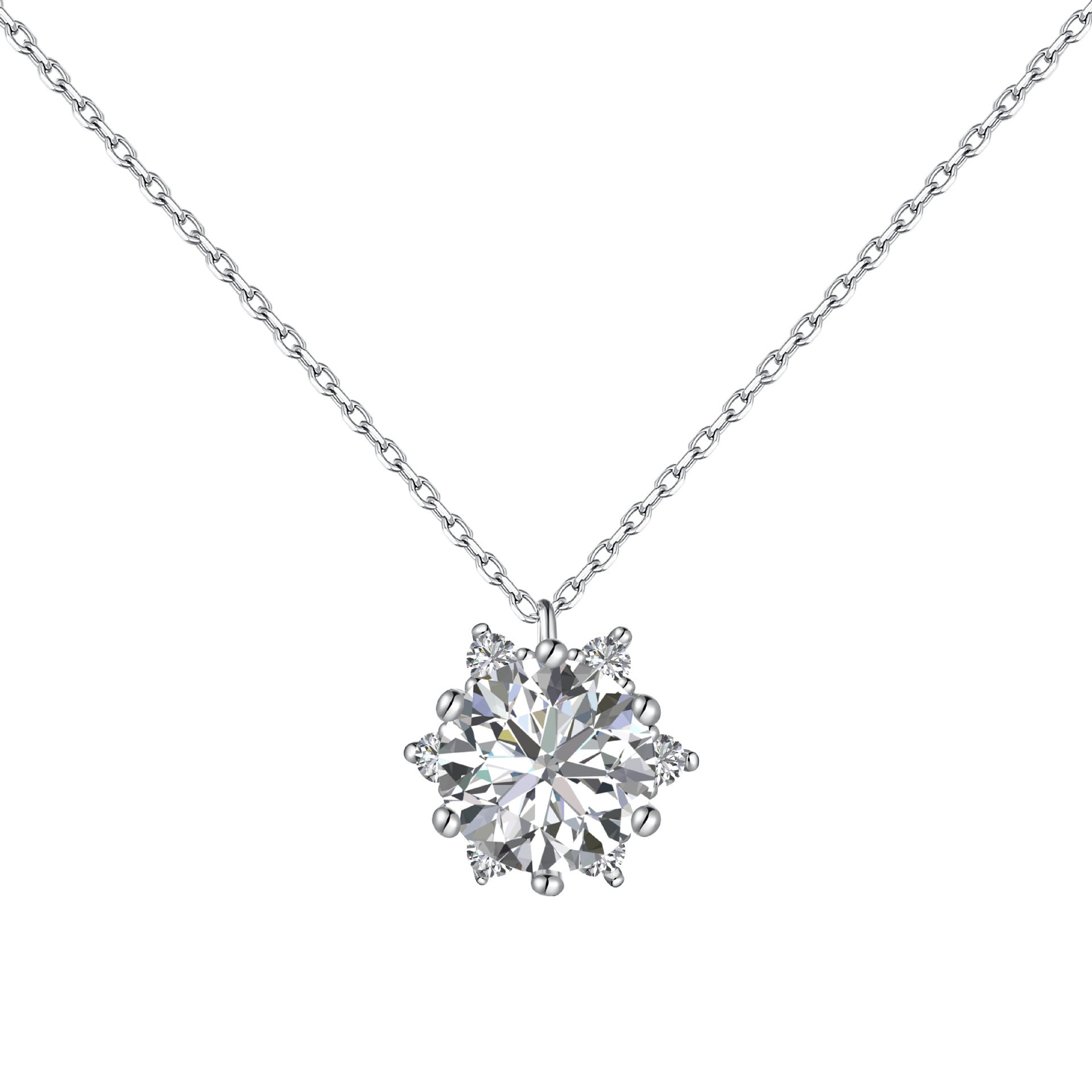 Set S925 Sterling Silver Ornament Snowflake Zircon Ring Light Luxury Clavicle Chain  Earrings