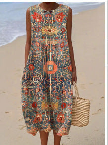 3D Digital Printing Pattern Sleeveless Round-neck Long-sleeved Dress