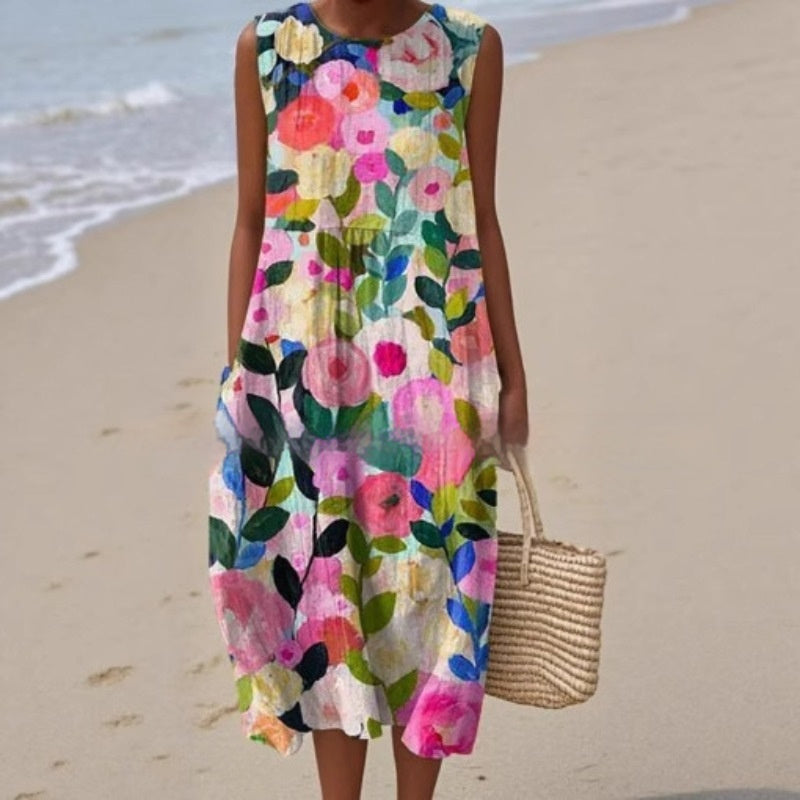 3D Digital Printing Pattern Sleeveless Round-neck Long-sleeved Dress