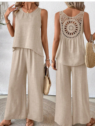 Women's Sleeveless Solid Color Back Hollow Lace Suit