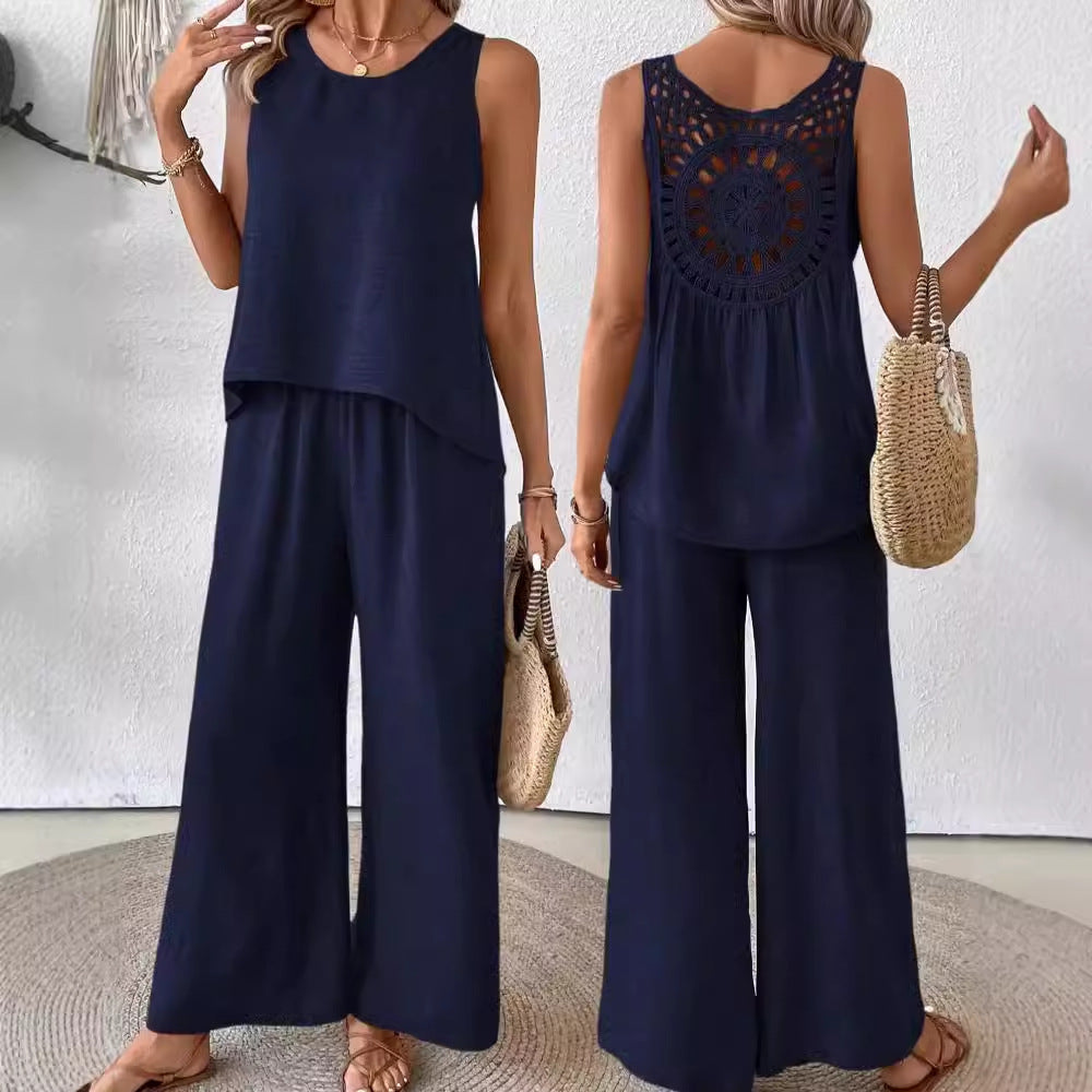 Women's Sleeveless Solid Color Back Hollow Lace Suit