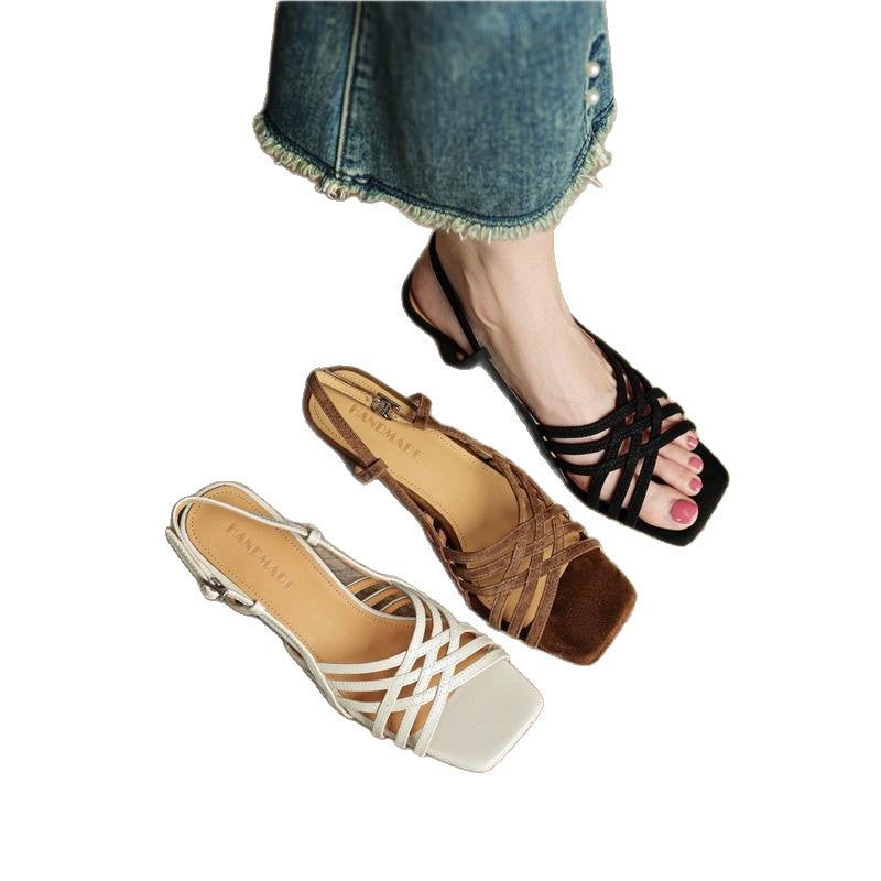 Retro Soft Leather Thin Cross Straps High Heel Sandals