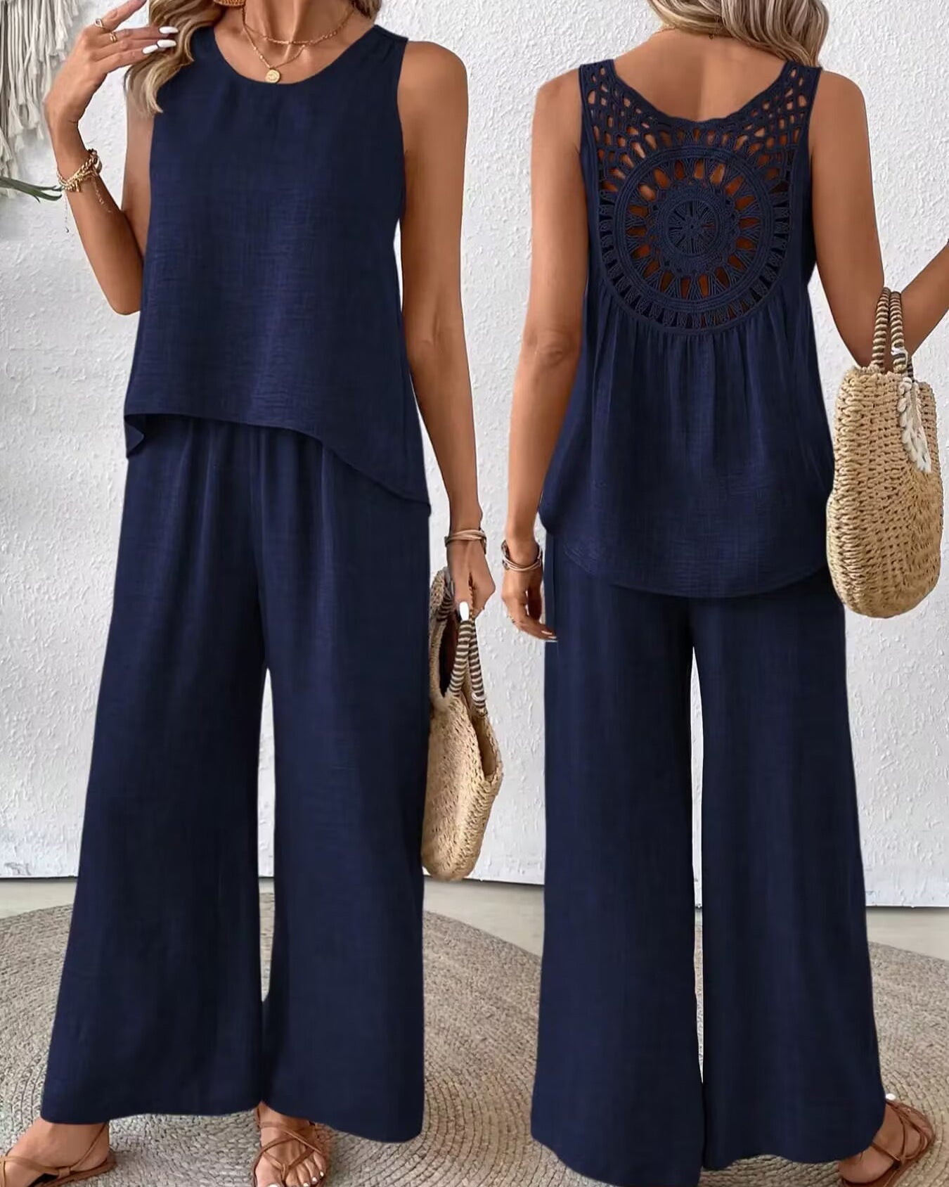Women's Sleeveless Solid Color Back Hollow Lace Suit