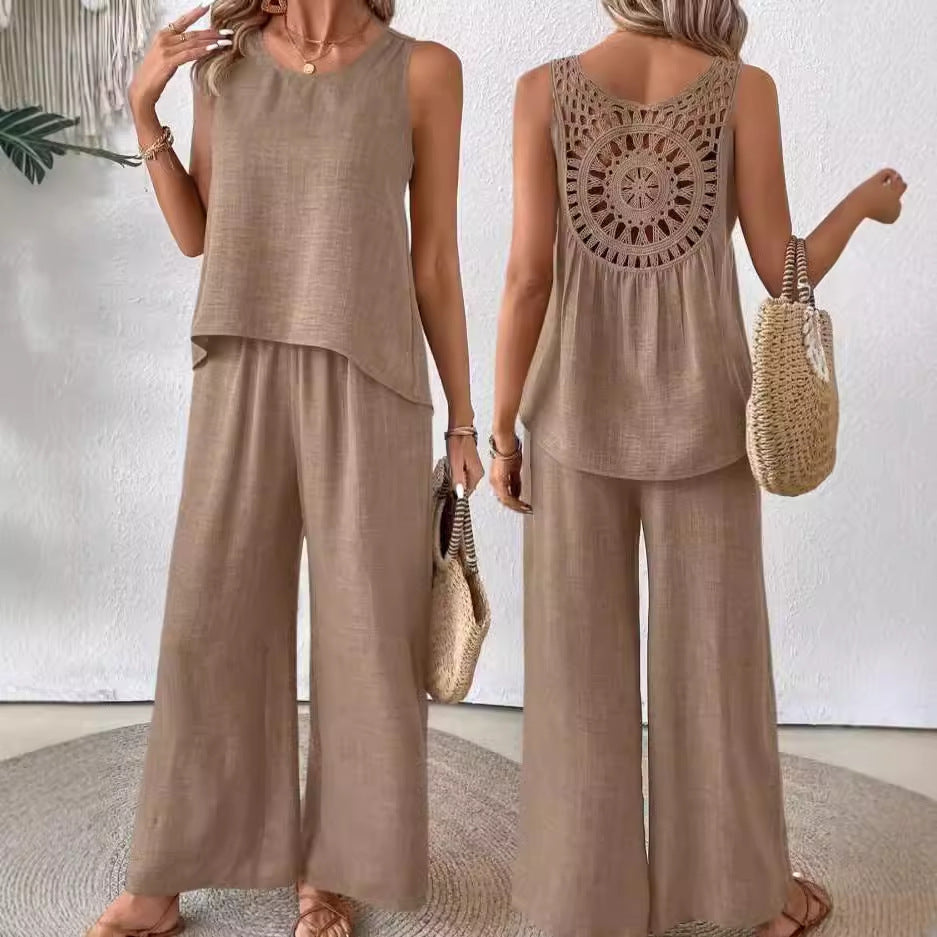 Women's Sleeveless Solid Color Back Hollow Lace Suit
