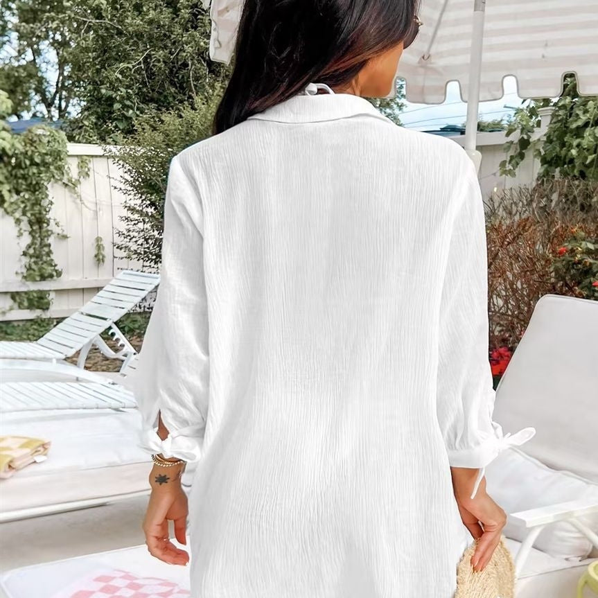 Solid Color Casual Vacation Style Seersucker Lace-up Cuff Blouse Dress