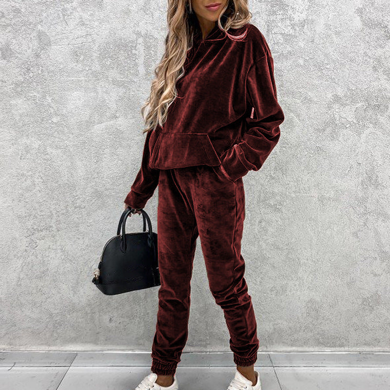 Solid Color Hooded Sports Casual Silver Fox Velvet Suit For Women