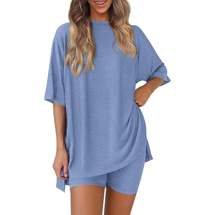 Casual Crew Neck Split Loose Shorts Short Sleeve Home Wear Suit