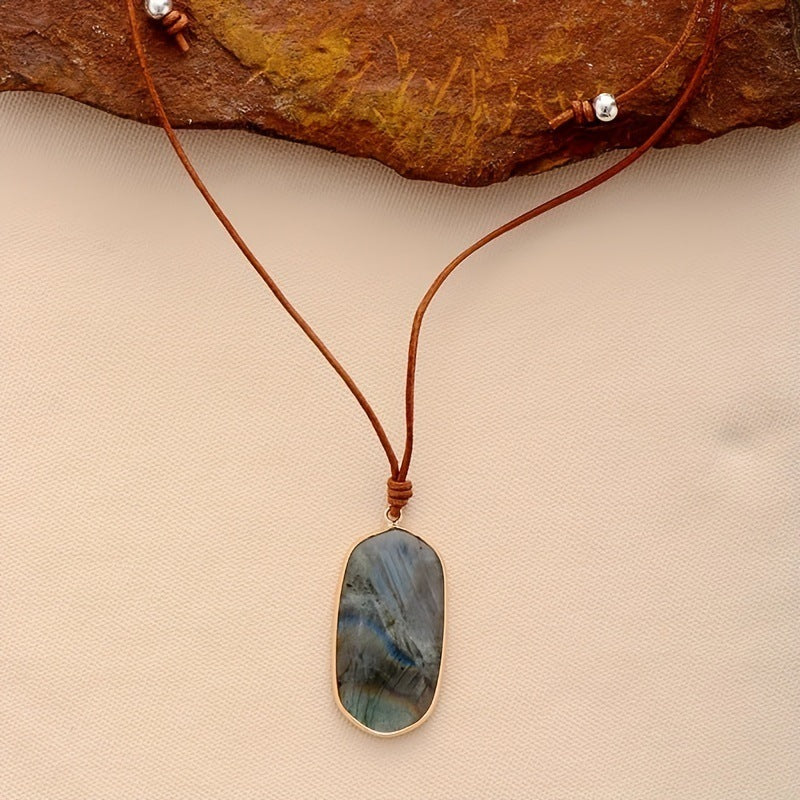 Natural Stone Edging Pendant Cowhide String Necklace
