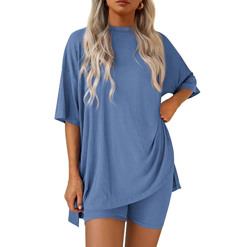 Casual Crew Neck Split Loose Shorts Short Sleeve Home Wear Suit