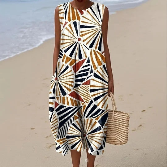 3D Digital Printing Pattern Sleeveless Round-neck Long-sleeved Dress