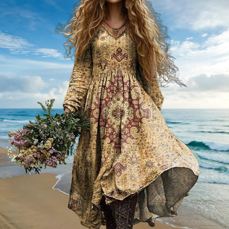 Ethnic Pattern V-neck Pocket Dress