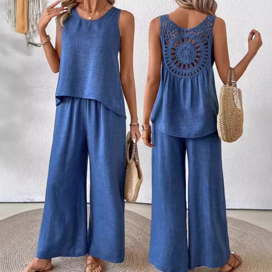 Women's Sleeveless Solid Color Back Hollow Lace Suit