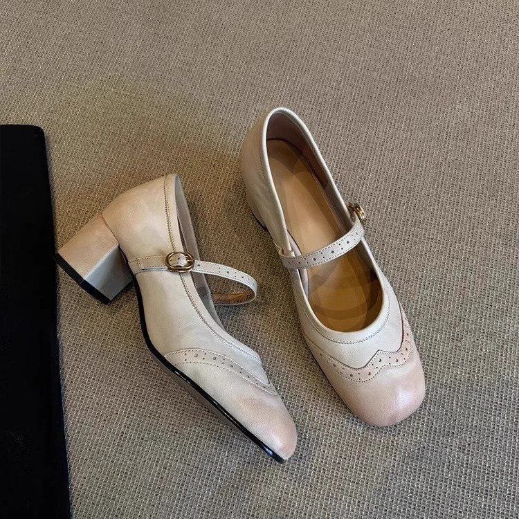 Carved High Heels Female Square Toe Genuine Leather All-match