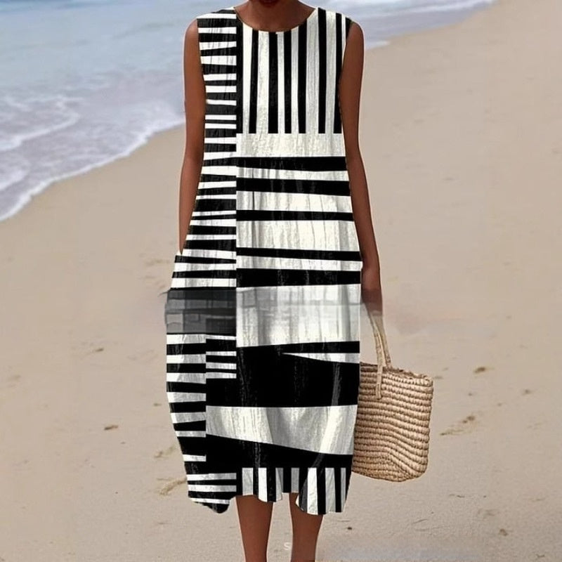 3D Digital Printing Pattern Sleeveless Round-neck Long-sleeved Dress