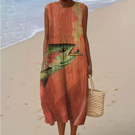 3D Digital Printing Pattern Sleeveless Round-neck Long-sleeved Dress