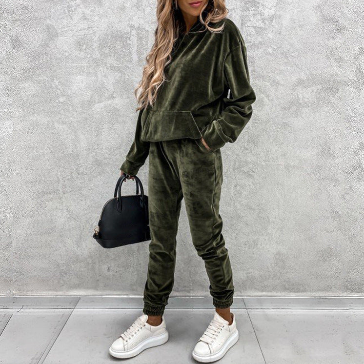Solid Color Hooded Sports Casual Silver Fox Velvet Suit For Women