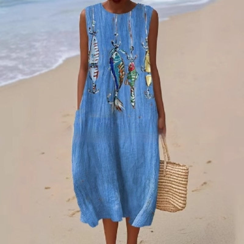 3D Digital Printing Pattern Sleeveless Round-neck Long-sleeved Dress