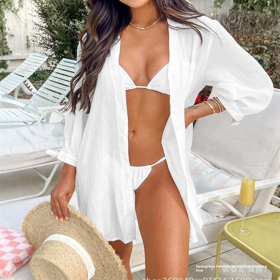 Solid Color Casual Vacation Style Seersucker Lace-up Cuff Blouse Dress