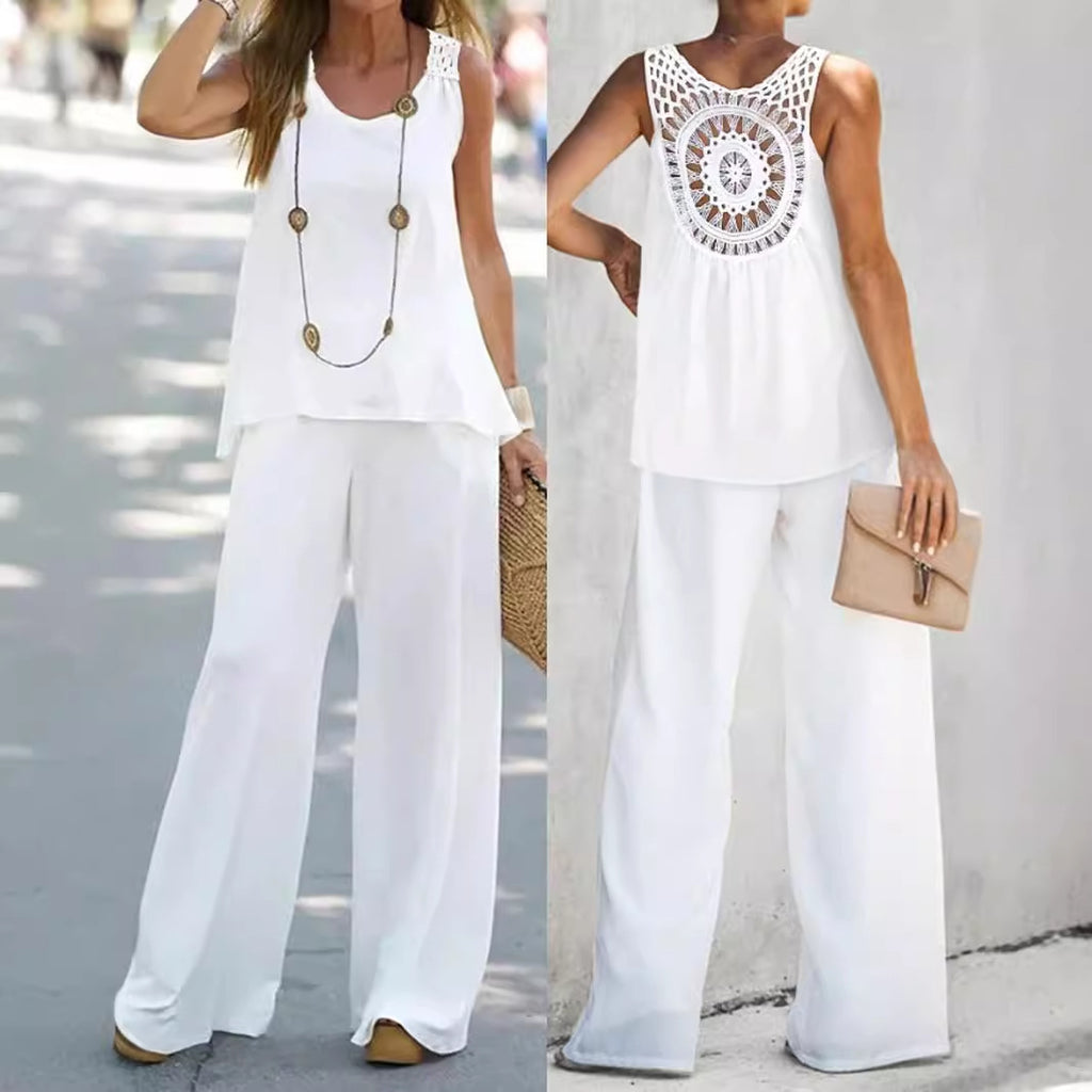Women's Sleeveless Solid Color Back Hollow Lace Suit