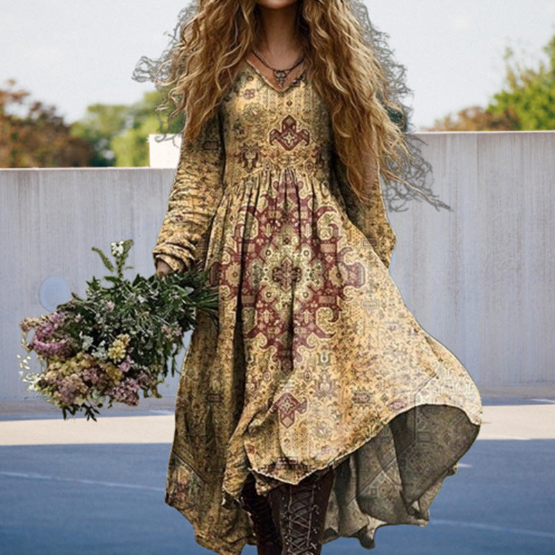 Ethnic Pattern V-neck Pocket Dress