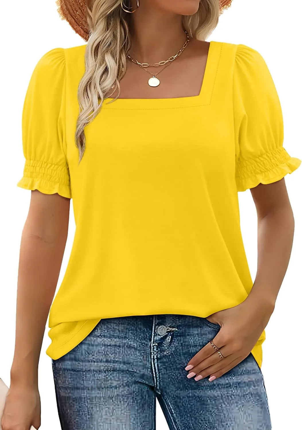 Spring And Summer New Fashion Simple U-neck Petal Sleeve Loose T-shirt