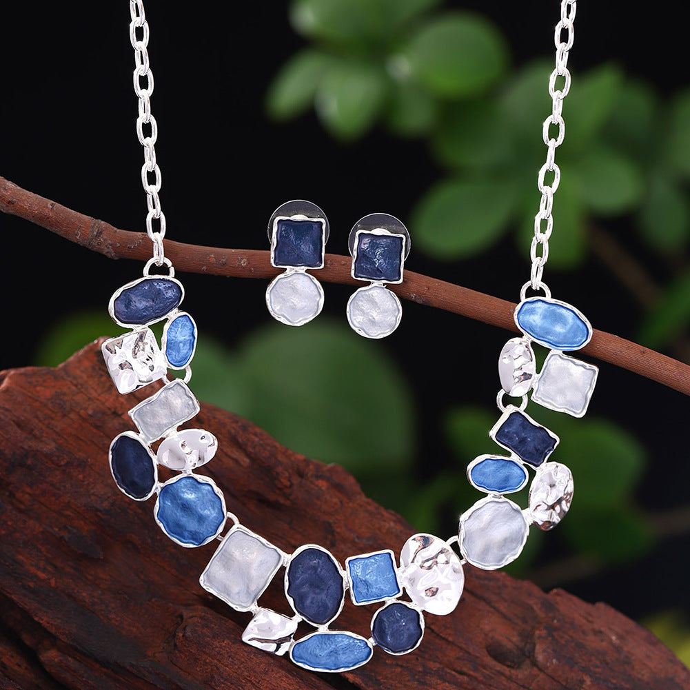 Oil Dripping Enamel Color Zinc Alloy Irregular Geometry Advanced Elegant Wild Earrings Necklace Two-piece Set