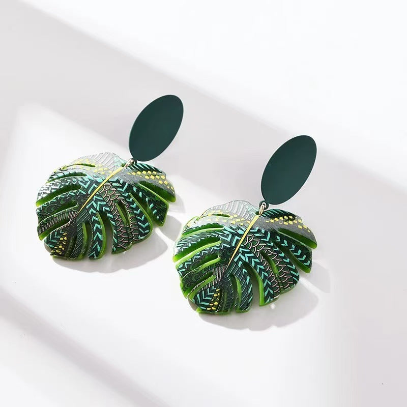 Green Palm Leaf Stud Earrings Minority Design Earrings