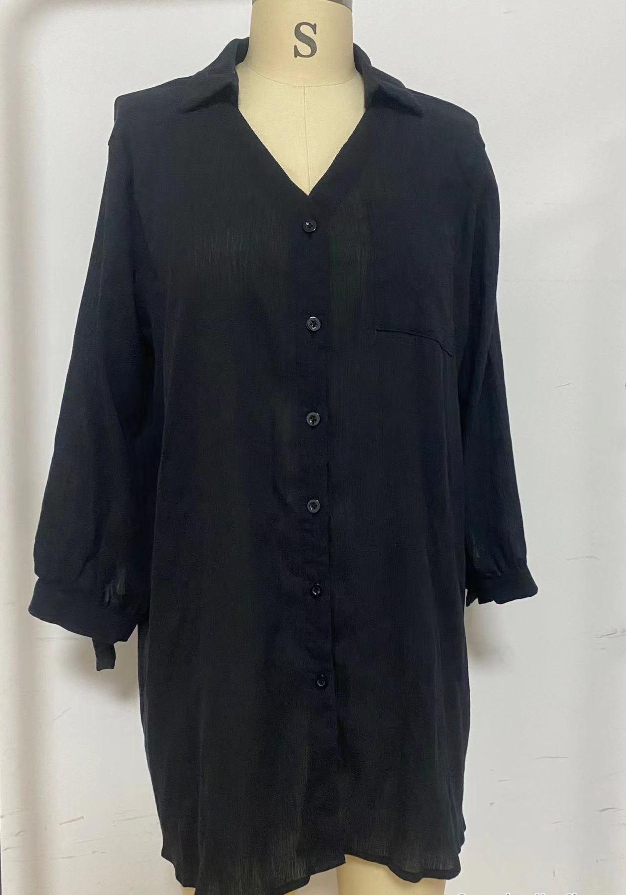 Solid Color Casual Vacation Style Seersucker Lace-up Cuff Blouse Dress