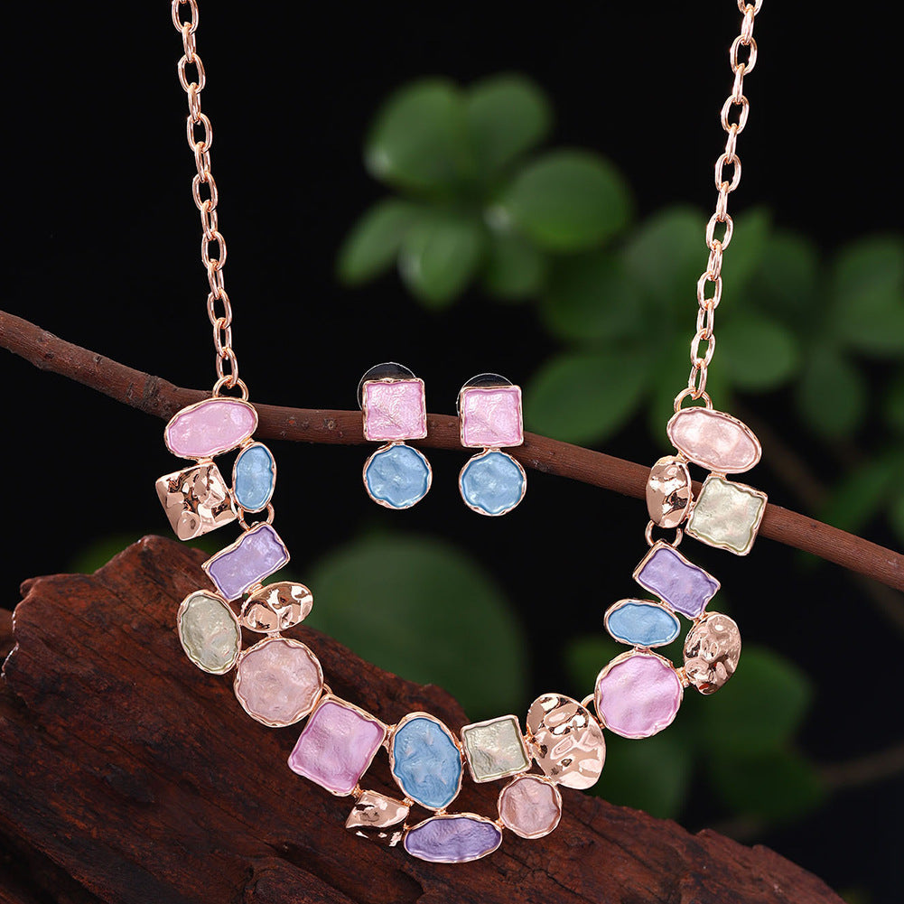 Oil Dripping Enamel Color Zinc Alloy Irregular Geometry Advanced Elegant Wild Earrings Necklace Two-piece Set
