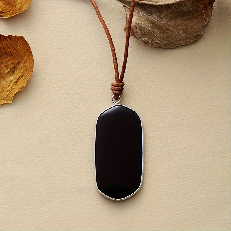 Natural Stone Edging Pendant Cowhide String Necklace