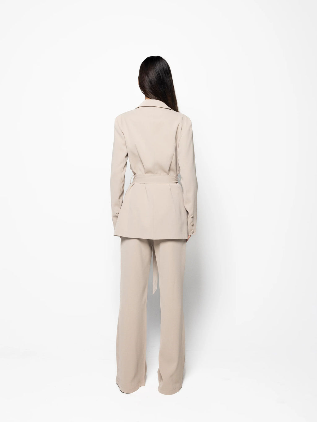Elegant Solid Color Belted Blazer & High Waist Pants Set