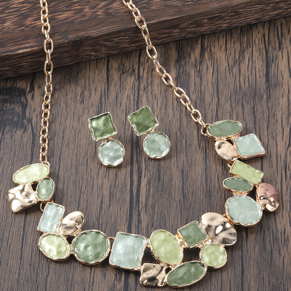 Oil Dripping Enamel Color Zinc Alloy Irregular Geometry Advanced Elegant Wild Earrings Necklace Two-piece Set