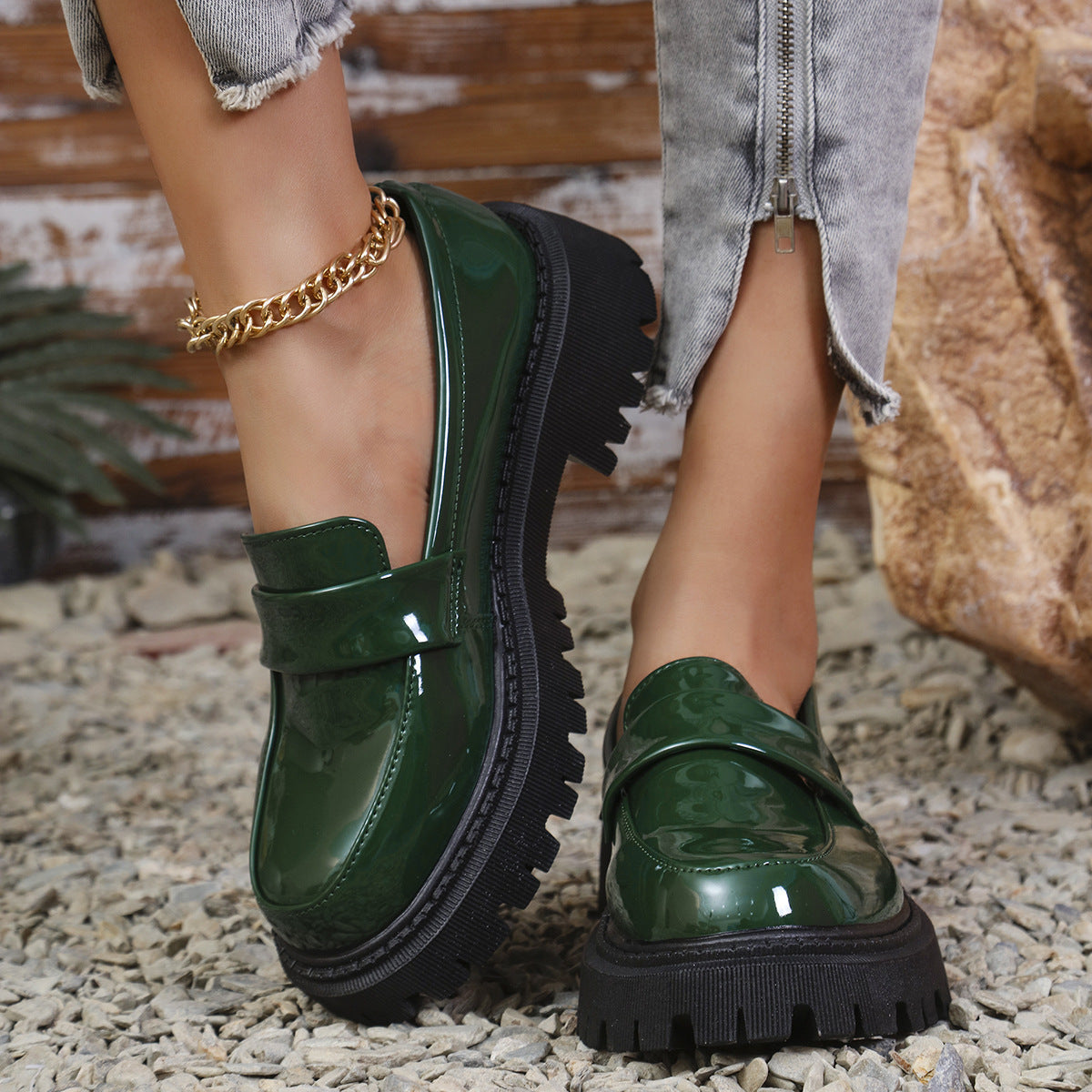 Plus Size British Style Slip-on Thick Bottom Chunky Heel Stylish Loafers