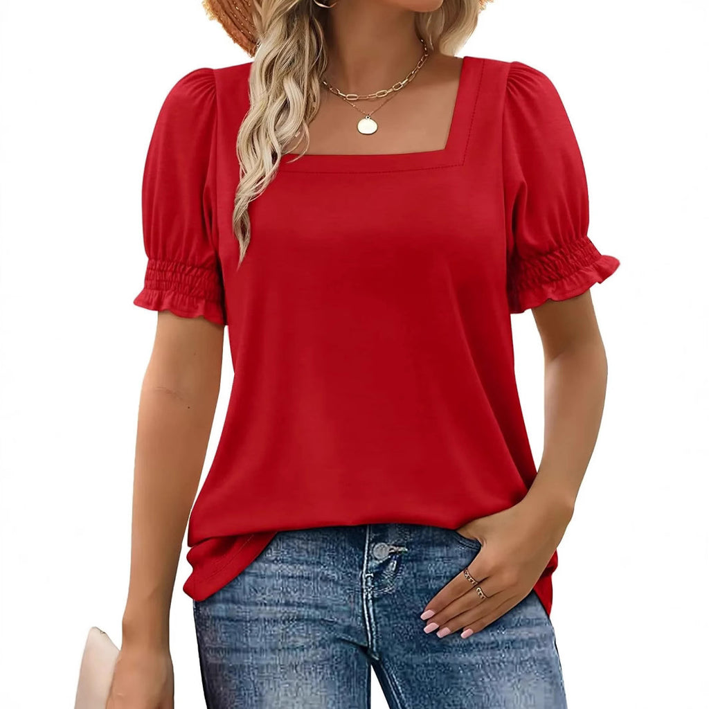 Spring And Summer New Fashion Simple U-neck Petal Sleeve Loose T-shirt